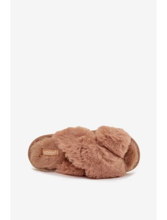 Dámské pantofle s kožíškem a proplétanými pásky Quenelle – camel