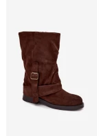 Dámské kozačky s obráceným svrškem do poloviny lýtka s přezkou hnědé Minelle