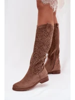 Dámské perforované kozačky na plochém podpatku S.Barski HY61-8023 Hnědé