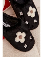 Dámské papuče s kožíškem a květinkami – černé Selinne