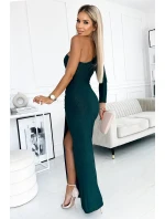 443-1 Dlouhé šaty na jedno rameno - BOTTLE GREEN s třpytkami