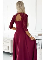 309-9 AMBER elegantní dlouhé maxi šaty s krajkovým výstřihem - Bordeaux