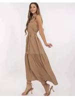 Tmavě béžové elegantní dámské maxi šaty (A5032)