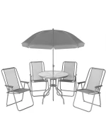 SADA ZAHRADNÍHO NÁBYTKU KULATÝ STŮL 4 ŽIDLE A SLUNEČNÍK TMAVĚ ŠEDÁ