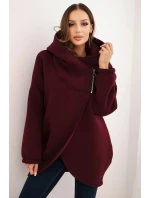 Dámská zateplená mikina s kapucí a asymetrickým zipem bordová