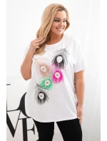 Dámská bavlněná halenka Plus Size s motivem peří bílá + růžová