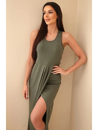 Dámské bavlněné midi šaty bez rukávů s řasením khaki