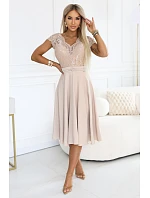 381-7 LINDA šifonové éterické šaty s krajkovým výstřihem - béžové
