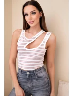 Dámský žebrovaný proužkovaný top bez rukávů s výstřihem tmavě růžová