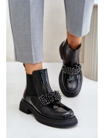 Kožené Lakované Botky S Dekorací Nazouvací Zateplené Černé Solimav