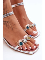 Dámské sandály na podpatku s krystaly stříbrné SBarski