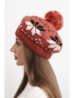 Dámská zimní čepice z vlny s motivem sněhových vloček a pomponem K457 ruda