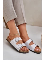 Materiálové pantofle na korkové podrážce s přezkami světle šedé Atera