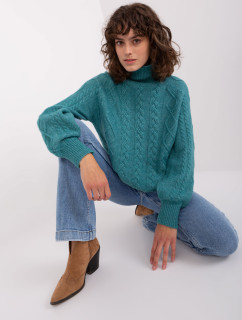 Tyrkysový kabelový pletený svetr s rolákem