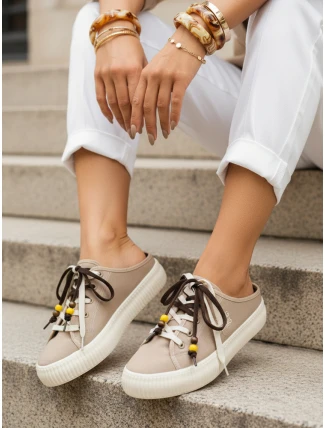 Dámské tenisky na platformě s ozdobnými korálky béžové ZY1406