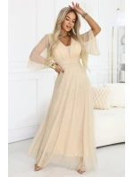 654-2 Dlouhé třpytivé plus size šaty s výstřihem a průhlednými rukávy - šampaňsko-béžové