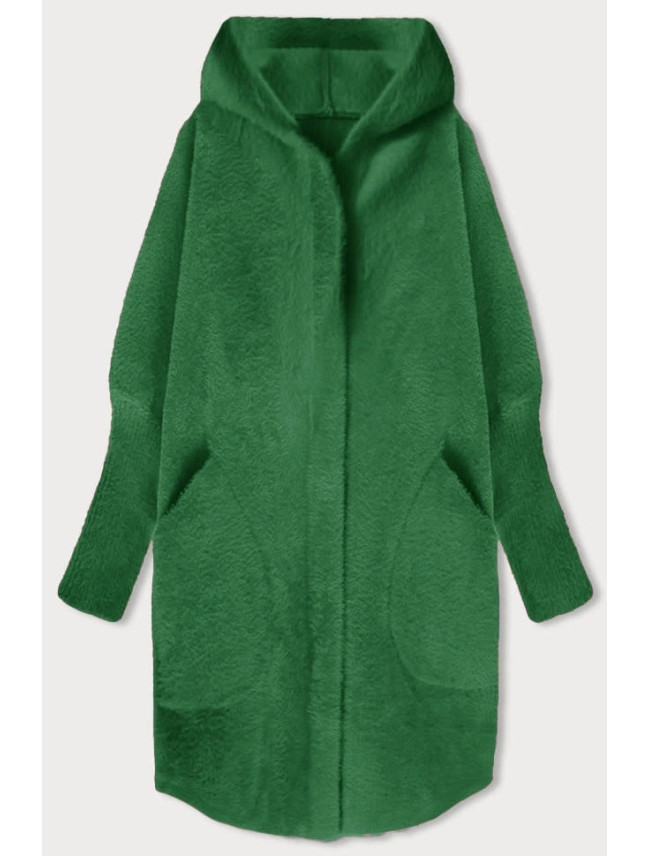 Tmavě zelený dlouhý vlněný přehoz přes oblečení typu alpaka s kapucí (908)