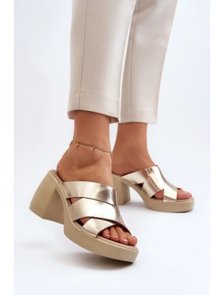 Zazoo Kožené pantofle na bloku, zlaté