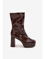 Dámské lakované boty Calvessa – čokoládové, na platformě a sloupkovém podpatku