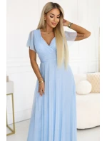 635-6 MELANIA dlouhé třpytivé svatební šaty s výstřihem a krátkými rukávy - modré