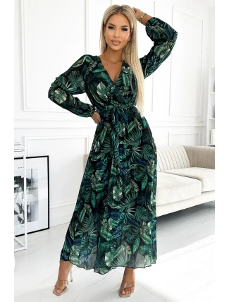 511-1 Plisované šifonové dlouhé šaty s výstřihem, dlouhými rukávy a páskem - GREEN LEAVES