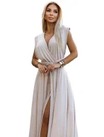 509-2 Elegantní dlouhé šaty s několika vazbami - béžové se třpytkami
