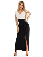 451-3 Třpytivé šaty s krátkými rukávy, výstřihem a rozparkem na nohou - černé a béžové s třpytkami