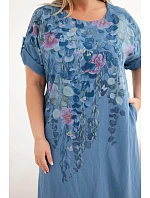 Dámské viskózové šaty Plus Size s krátkým rukávem a rozparky po stranách džínové