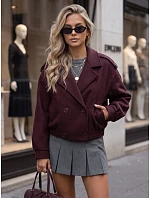 Krátký dámský dvouřadý kabát v bordové barvě FashionStreet TY6024 Krátký dámský dvouřadý kabát v bordové barvě FashionStreet TY6024