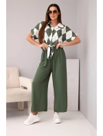 Komplet dámský viskózový košile s vázáním a kalhoty s gumou khaki