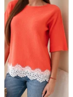 Svetr dámský s krátkým rukávem a krajkou malinový