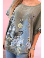 Dámská bavlněná košile s motýly a květinami khaki