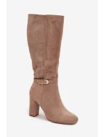 Dámské kozačky na podpatku se zlatým přezkou vyhřívané béžové Seraphine