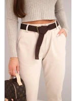 Dámské bavlněné kalhoty s páskem a ohrnutím nohavic béžové