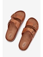 Dámské pantofle na korkové platformě s přezkami – camel