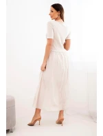 Dámské bavlněné midi šaty s krátkým rukávem a rozšířeným spodkem béžová