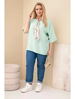 Dámská viskózová halenka Plus Size s krátkým rukávem a ozdobným šátkem tmavě mentolová Dámská viskózová halenka Plus Size s krátkým rukávem a ozdobným šátkem tmavě mentolová