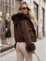 Krátká dámská bunda s odnímatelnou kožešinou, hnědá, FashionStreet TY5834 Krátká dámská bunda s odnímatelnou kožešinou, hnědá, FashionStreet TY5834