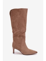 Dámské kozačky na podpatku zateplené z eco semiše tmavě béžové Arelisse