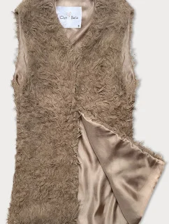Tmavě béžová kožešinová vesta s dlouhým vlasem (1402)