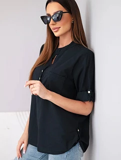 Dámská košilová bavlněná halenka s krátkým rukávem a kapsičkou černá