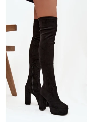 Kozačky na podpatku a platformě za koleno ekozamsové černé Amareen