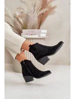 Ažurové Kotníkové Boty Kovbojky Na Zip Eko Semišové Černé S.Barski