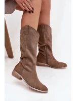 Dámské kozačky ve western stylu na nízkém podpatku Cherrie – tmavě béžové, eko zamsz