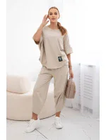 Bavlněný komplet halenka + kalhoty béžový