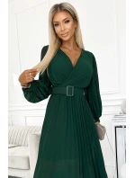 414-1 KLARA plisované šaty s páskem a výstřihem - BOTTLE GREEN