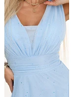 637-6 Večerní dlouhé šaty s brokátovým akcentem a hlubokým výstřihem - modré