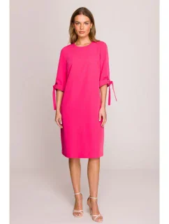 S393 Šaty áčkového střihu s vázacími rukávy - růžové
