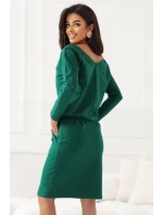 189-13 Teplákové šaty s dlouhým rukávem a kapsami - pohodlný střih s výstřihem na zádech - zelené