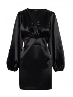 M888 Saténové mini šaty s nadýchanými rukávy - černé